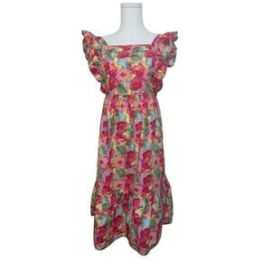 Peyton & Parker Tiered Ruffle Midi Apron Dress Pink Floral L/14 Cottagecore